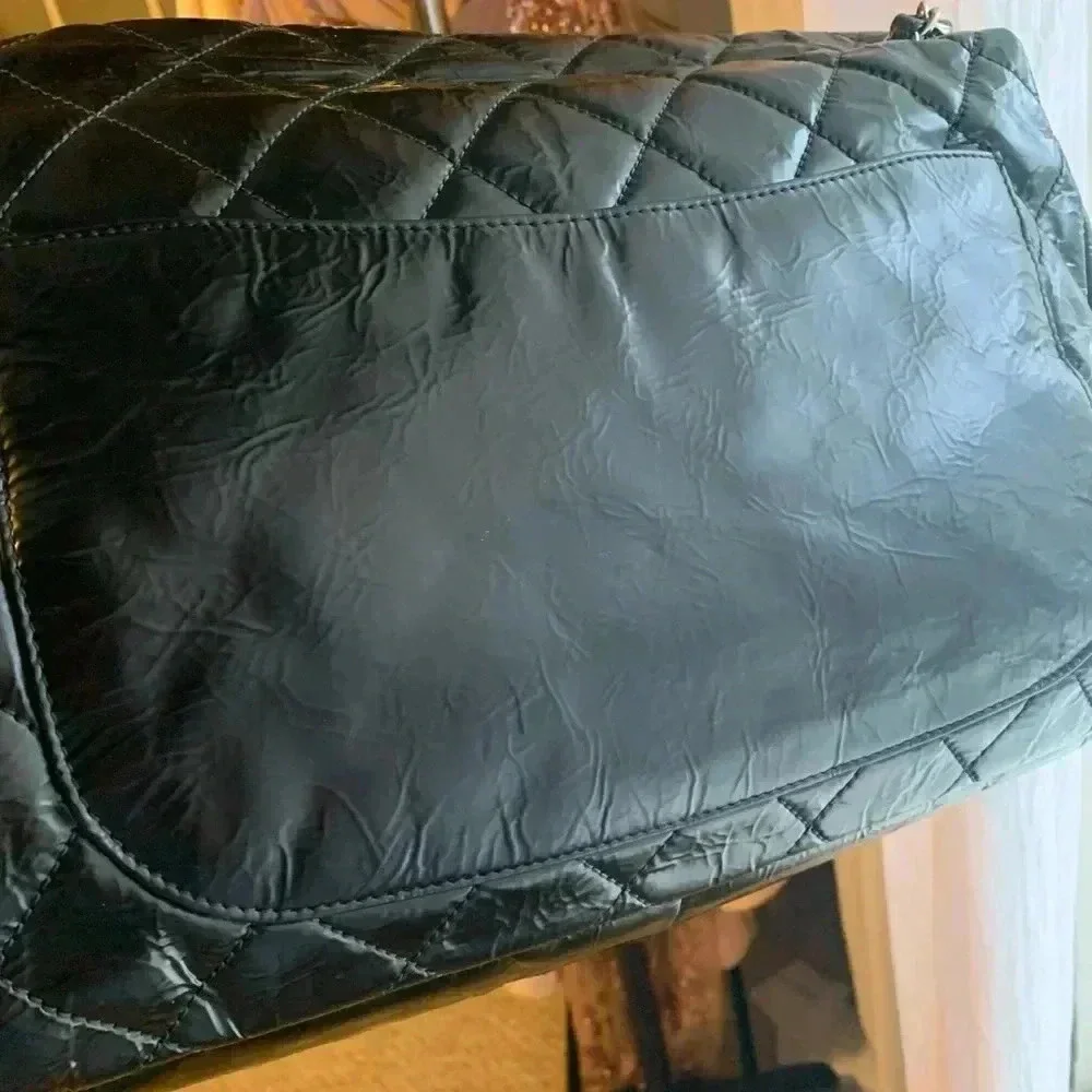 CHANEL X LARGE FLAP PATENT LEATHER QUILTED CC SHOULDER BLACK BAG {RARE FIND}